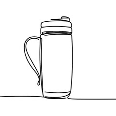 Travel thermos in continuous line style symbolizing hot drinks and camping equipment