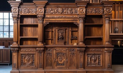 renaissance furniture, carved oak, architectural shapes, antique cabinet with columns, Italian craftsmanship