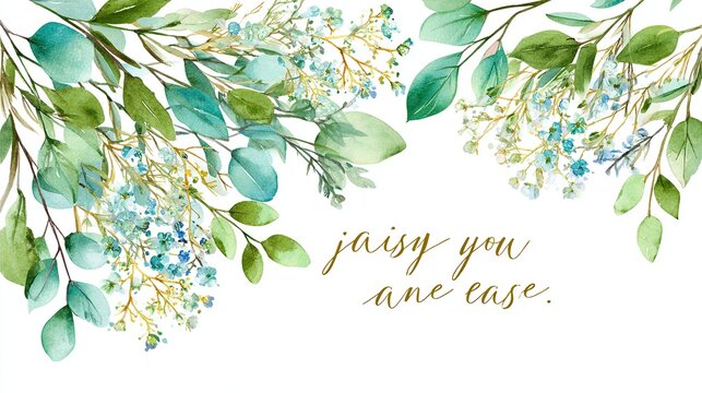 Watercolor painting of eucalyptus and baby blue flowers, framing gold script that says "jaisy you are ease