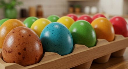 Colorful easter eggs displayed in a wooden carton close up