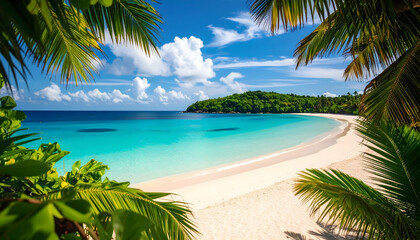 Idyllic Tropical Beach with White Sand and Clear Turquoise Water Under Sunny Blue Sky