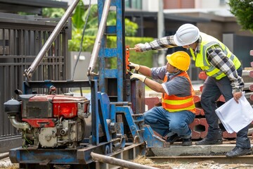 Two male construction workers wea safety helmets and reflective vests inspecting machinery on a construction site du daytime with lush greenery in the background