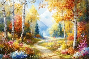 Fototapeta premium Autumnal forest path, vibrant colors (1)