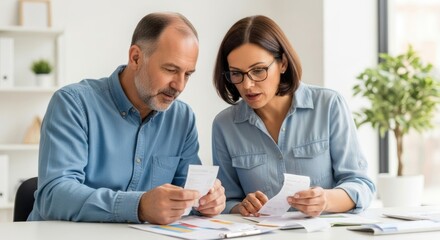 A middle-aged couple discussing their financial situation at a table.