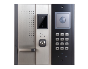 Front View of Smart Door Lock with Fingerprint Scanner and Numeric Keypad isolated on transparent background PNG