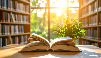 Open Book on Wooden Table in Sunlit Library with Blurred Bookshelves and Potted Plant
