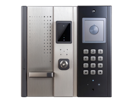 Front View of Smart Door Lock with Fingerprint Scanner and Numeric Keypad isolated on transparent background PNG