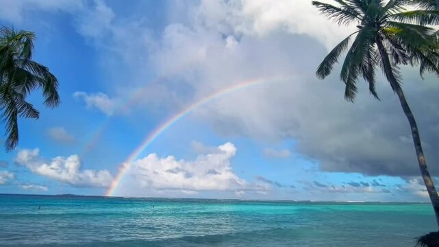 A stunning rainbow arches over a tranquil turquoise ocean with lush palm trees. A beautiful, serene and peaceful tropical paradise scene.