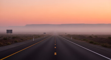 Empty Highway Stretching into Misty Sunrise Landscape.