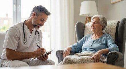 A male healthcare professional discussing with an elderly woman in a comfortable armchair.