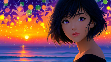A portrait of a beautiful woman with short black hair, with sunset and sea in the background