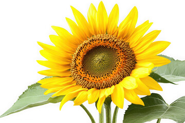 Obraz premium Stunning sunflower blossom close-up with vibrant yellow petals and green leaves detailed vector isolated on transparent background
