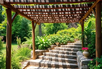 Rustic wooden pergola shading stone steps in a lush garden,   steps leading to,  landscape design