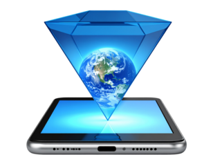  Glass Pyramid Hologram Display of Earth on Smartphone Front View isolated on transparent background PNG