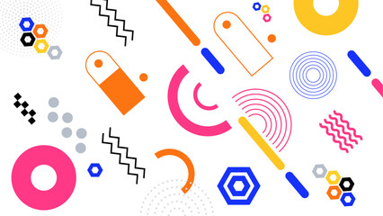 Colorful geometric shapes and patterns on a white background. Vibrant design elements suitable for modern graphic projects and abstract concepts.