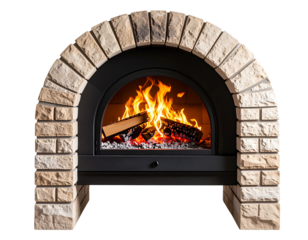  Front View of Traditional Brick Pizza Oven with Burning Wood Inside isolated on a transparent background PNG