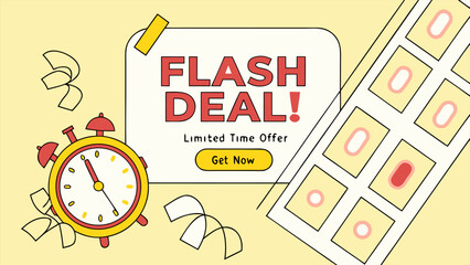 Illustration of a flash deal advertisement with a clock and confetti on a light yellow background design
