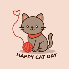 Gray cat playing with a red yarn ball wearing a cute scarf. Happy Cat Day Cartoon Illustration.