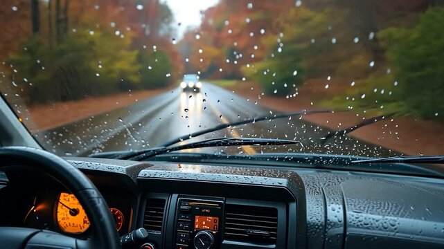 Rainy autumn drive through a forest, seen from the driver's perspective. Raindrops on the windshield, blurred background of vehicles and trees. Dark and moody atmosphere