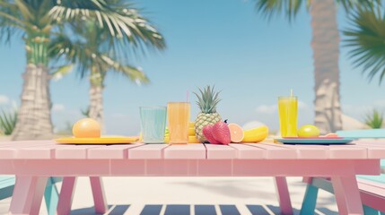 Colorful tropical fruit drinks on a pink table