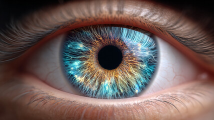 Fototapeta premium A close-up, detailed shot of a striking blue and gold eye, showcasing intricate patterns and the essence of human vision. The eye's iris reveals a captivating blend of colors and textures.