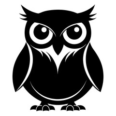 Silhouette of a perched owl with wide eyes isolated on white background
