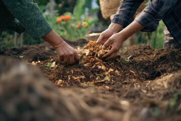 Hands Adding Compost to Dark Brown Soil