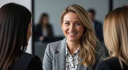 Obraz premium 3d illustration of businesswoman smiling during a meeting with colleagues in office