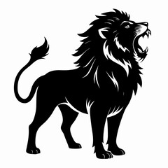 Powerful silhouette of a standing lion roaring depicted from the side isolated on white background