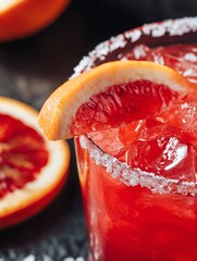 Close up of a refreshing blood orange margarita with a salted rim.