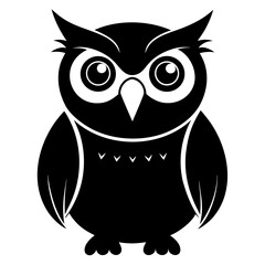 Striking silhouette of a perched owl with wide eyes isolated on white background