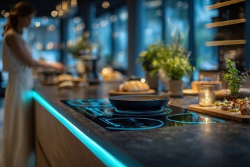 Stylish Modern Kitchen with Woman Engaged in Culinary Activities at Elegant Angle