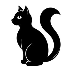 Elegant silhouette of a sitting cat with its tail gracefully wrapped around its body isolated on white background