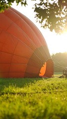 Obraz premium Orange hot air balloon on grassy field at sunrise (1)