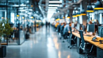 Fototapeta premium Blurred office interior background with a blurred door and glass wall, blurry bokeh light effect for a business concept design. High-quality photo, taken with a telephoto lens in realistic daylight.