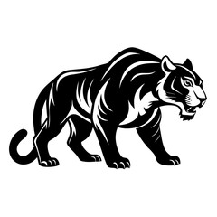 Silhouette of a crouching tiger in a stalking pose isolated on white background