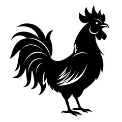 Silhouette of a rooster crowing viewed from the side isolated on white background
