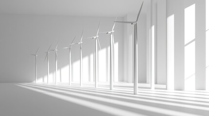 A minimalist, white room with wind turbines