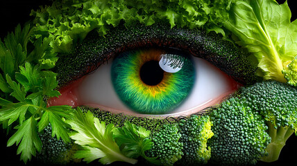 A close-up of an eye decorated with healthy green food, creating a unique, artistic image. The iris boasts vibrant shades of green