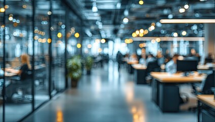Fototapeta premium Blurred office interior background with a blurred door and glass wall, blurry bokeh light effect for a business concept design. High-quality photo, taken with a telephoto lens in realistic daylight.