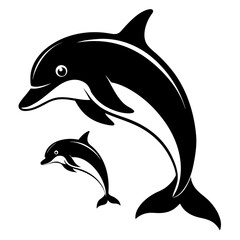 Silhouette of a dolphin and baby dolphin jumping together isolated on white background