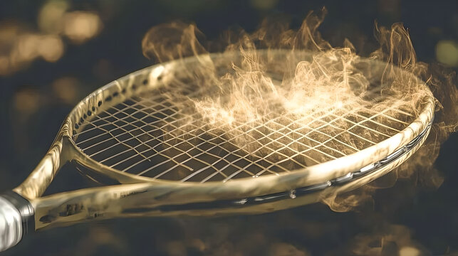 A floating tennis racket emitting golden waves that reverse time through its glowing strings.