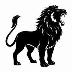 Majestic silhouette of a roaring lion standing proudly isolated on white background