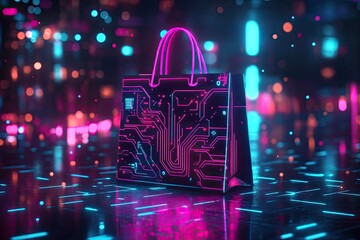 Futuristic shopping bag with glowing circuit board design.  Neon lights and digital particles create a vibrant, dynamic background