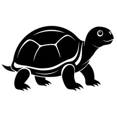 Simple black silhouette of a crawling turtle in side profile isolated on white background