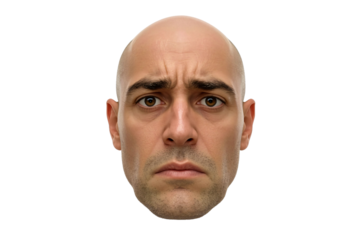 Concerned bald man portrait, studio shot, black background, website use