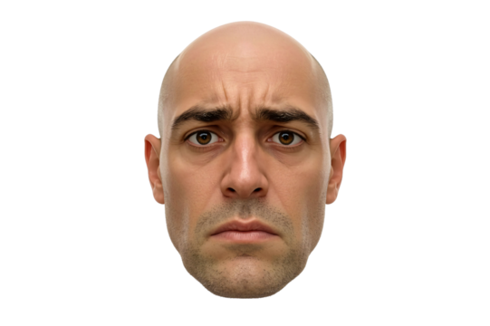 Concerned bald man portrait, studio shot, black background, website use