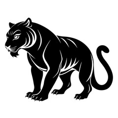 Powerful silhouette of a crouching tiger in a stalking pose isolated on white background