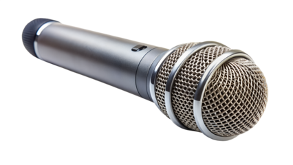 A professional silver microphone isolated on a white background, ready for recording or performance