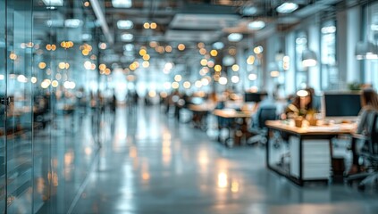 Obraz premium Blurred office interior background with a blurred door and glass wall, blurry bokeh light effect for a business concept design. High-quality photo, taken with a telephoto lens in realistic daylight.